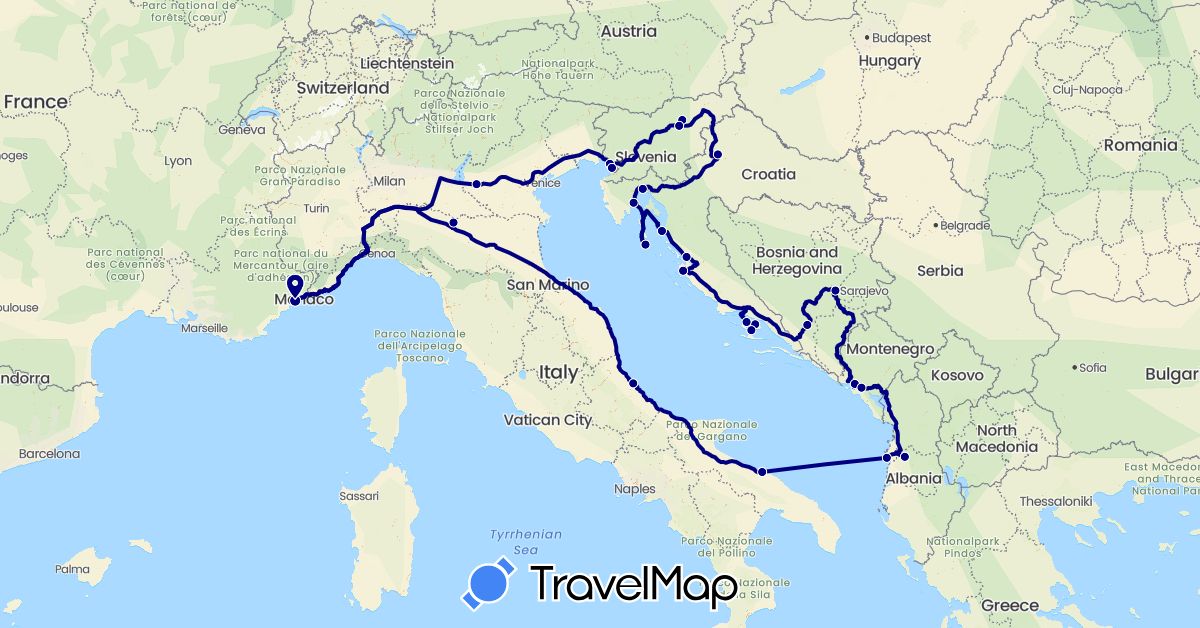 TravelMap itinerary: driving in Albania, Bosnia and Herzegovina, France, Croatia, Italy, Montenegro, Slovenia (Europe)